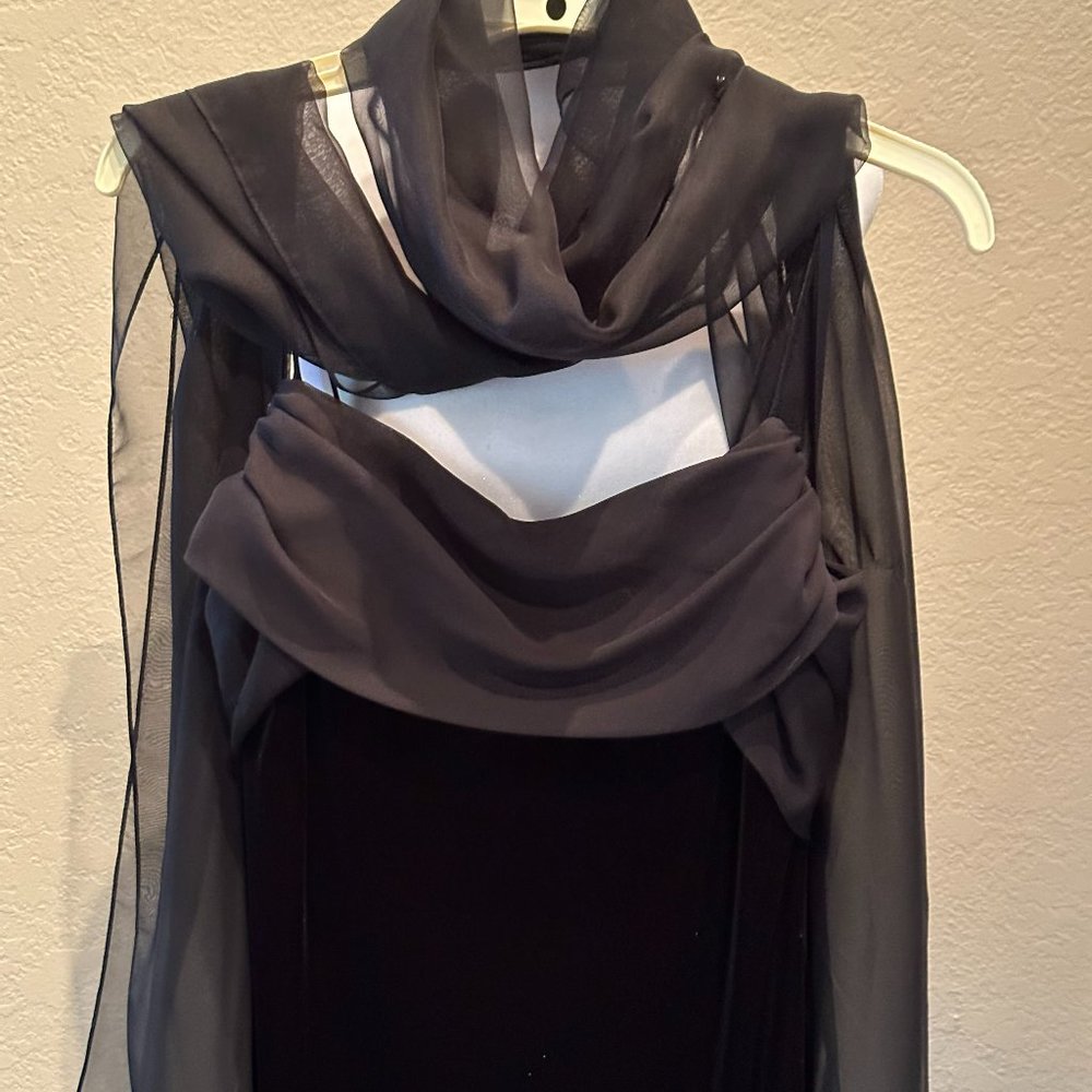 Black velvet full length dress with matching bodice, back and wrap. Size 12-14.